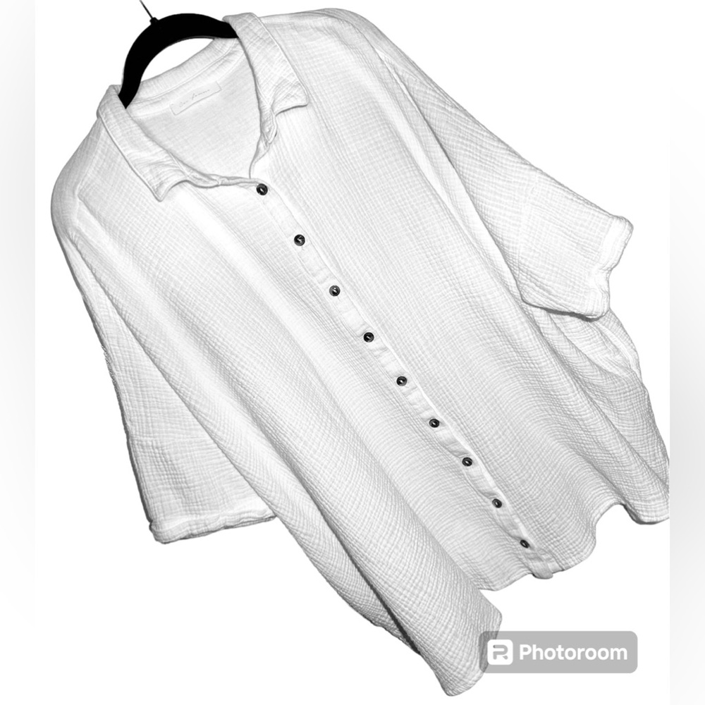 🤍NEW🤍 Ces Femme Short Sleeve Linen Gauze Collared Button Up Cover Up L
